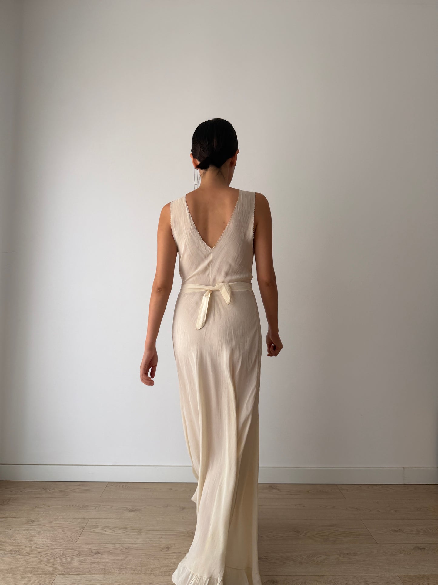 1930s Antique Pure Silk Bridal Bias Cut Gown With Pintuck Embroidery And Raised Floral Motifs