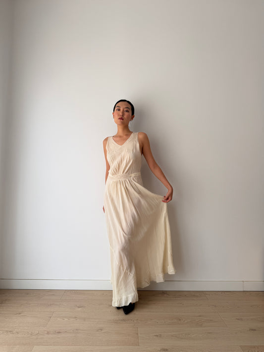 1930s Antique Pure Silk Bridal Bias Cut Gown With Pintuck Embroidery And Raised Floral Motifs