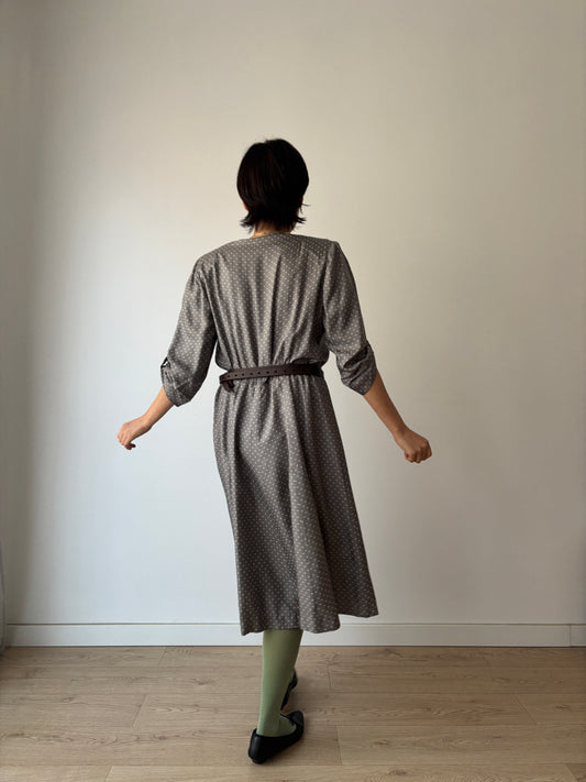 1930s Grey Silk Day Dress: Puff Sleeves with Dot Print
