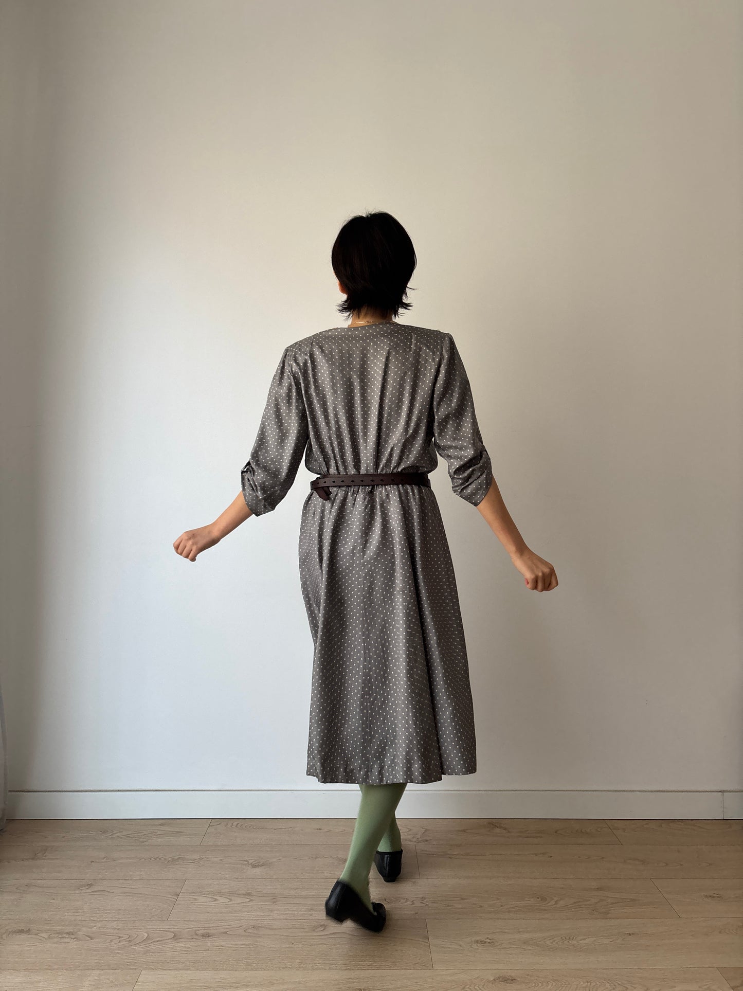 1930s Grey Silk Day Dress: Puff Sleeves with Dot Print