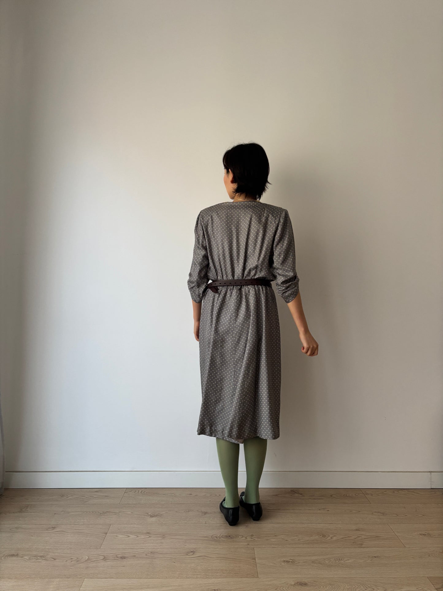 1930s Grey Silk Day Dress: Puff Sleeves with Dot Print