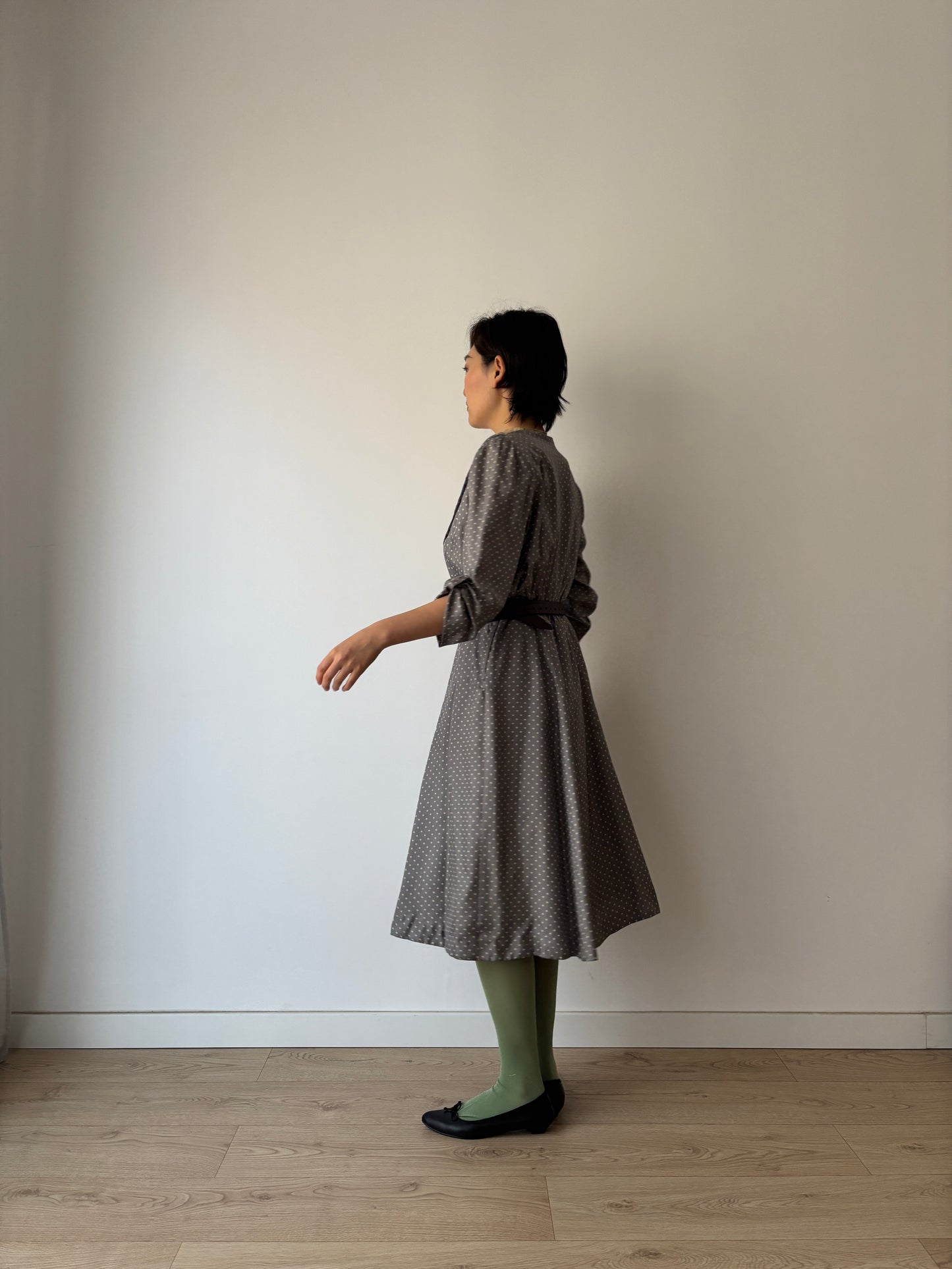 1930s Grey Silk Day Dress: Puff Sleeves with Dot Print
