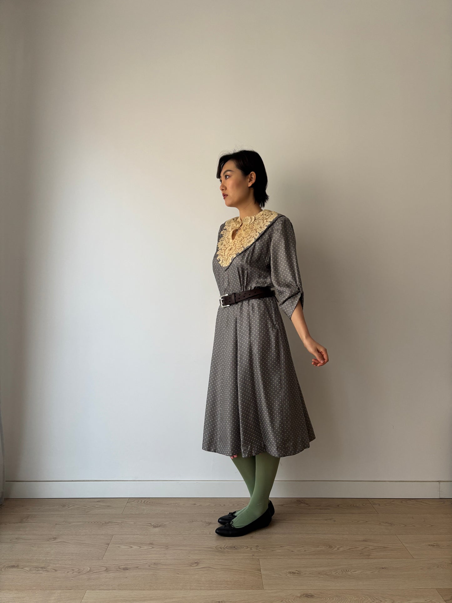 1930s Grey Silk Day Dress: Puff Sleeves with Dot Print