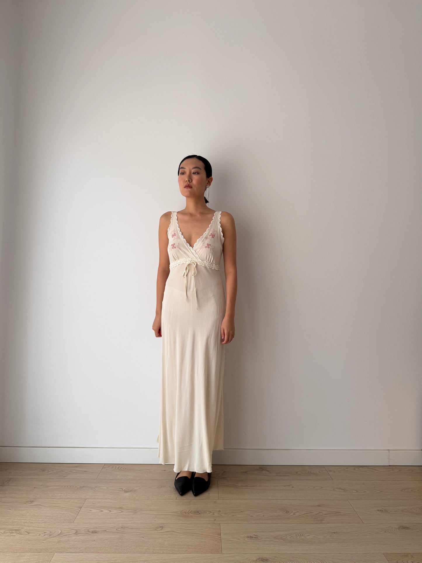 Vintage Bridal Pure Silk Romantic Floral Embroidered French Lace Nightgown, Event garden maxi Dress