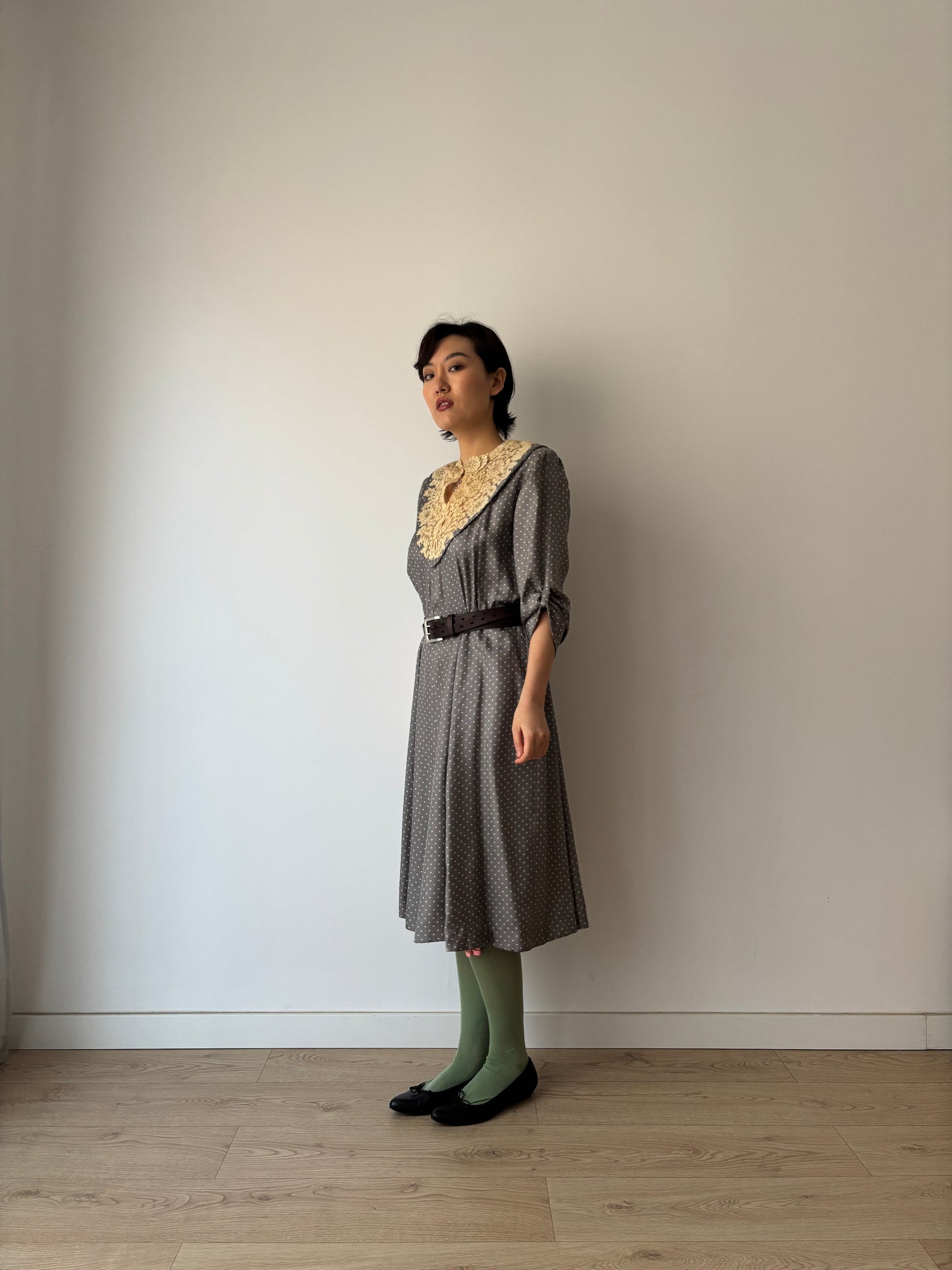 1930s Grey Silk Day Dress: Puff Sleeves with Dot Print