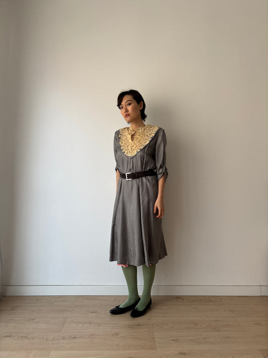 1930s Grey Silk Day Dress: Puff Sleeves with Dot Print