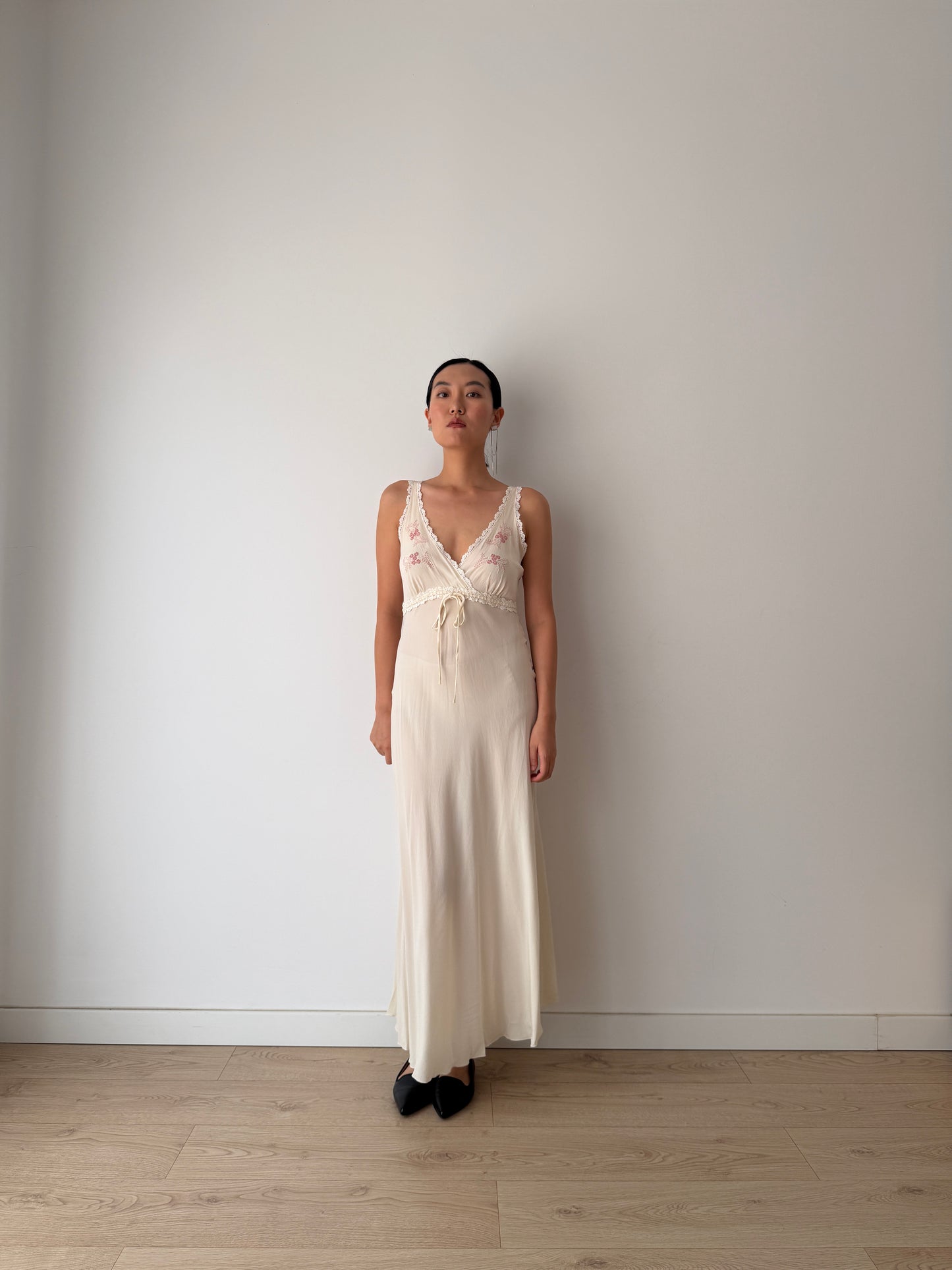 Vintage Bridal Pure Silk Romantic Floral Embroidered French Lace Nightgown, Event garden maxi Dress
