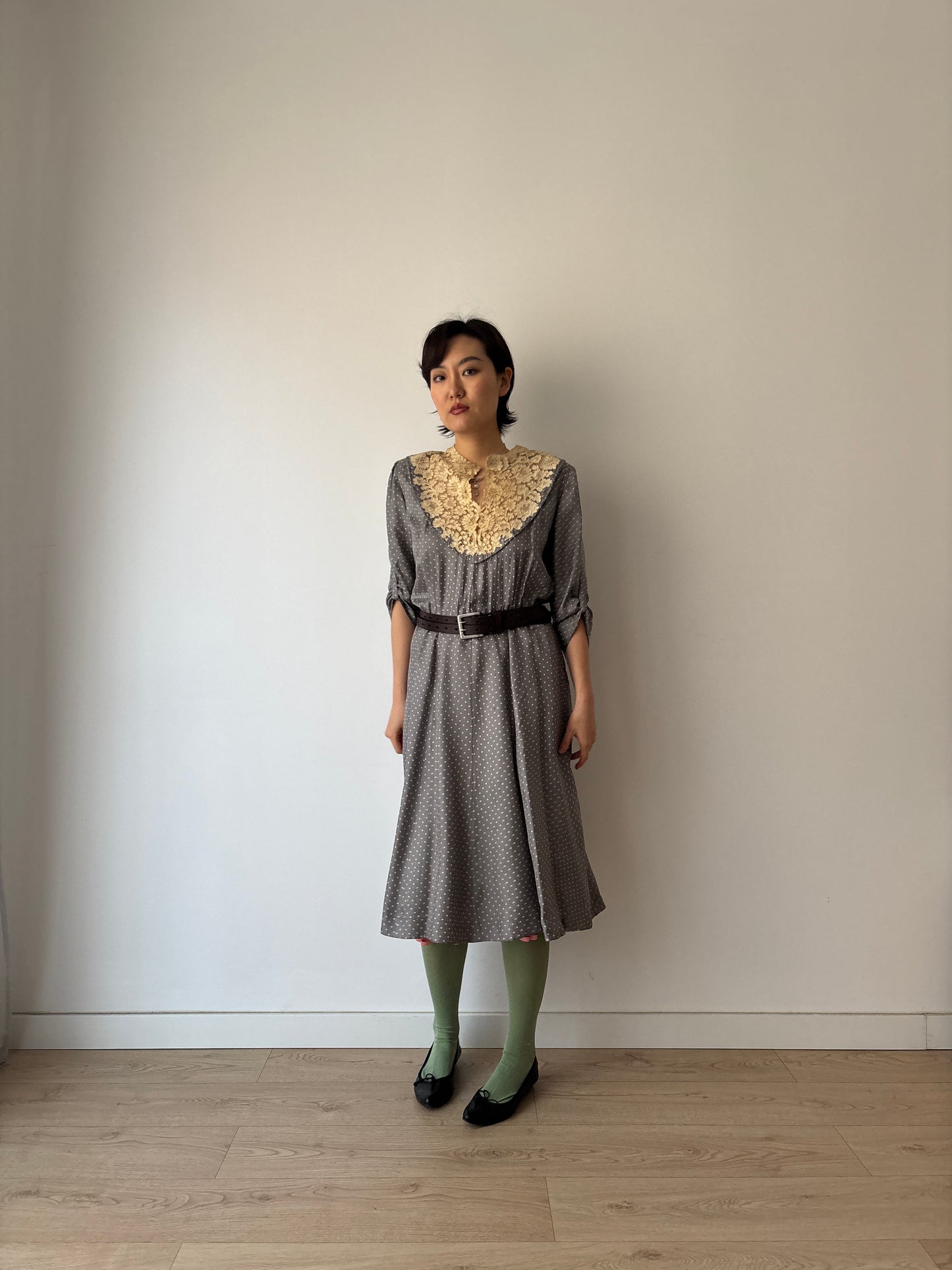 1930s Grey Silk Day Dress: Puff Sleeves with Dot Print