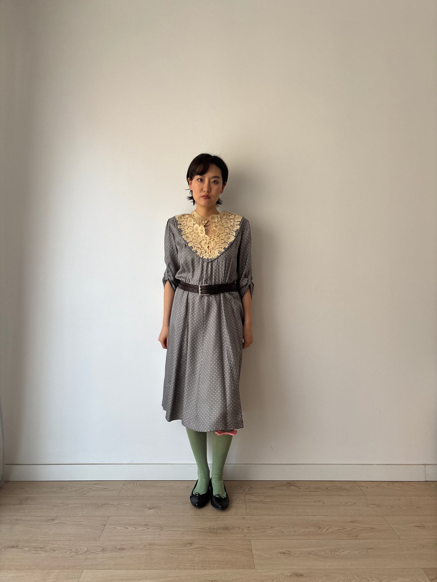 1930s Grey Silk Day Dress: Puff Sleeves with Dot Print