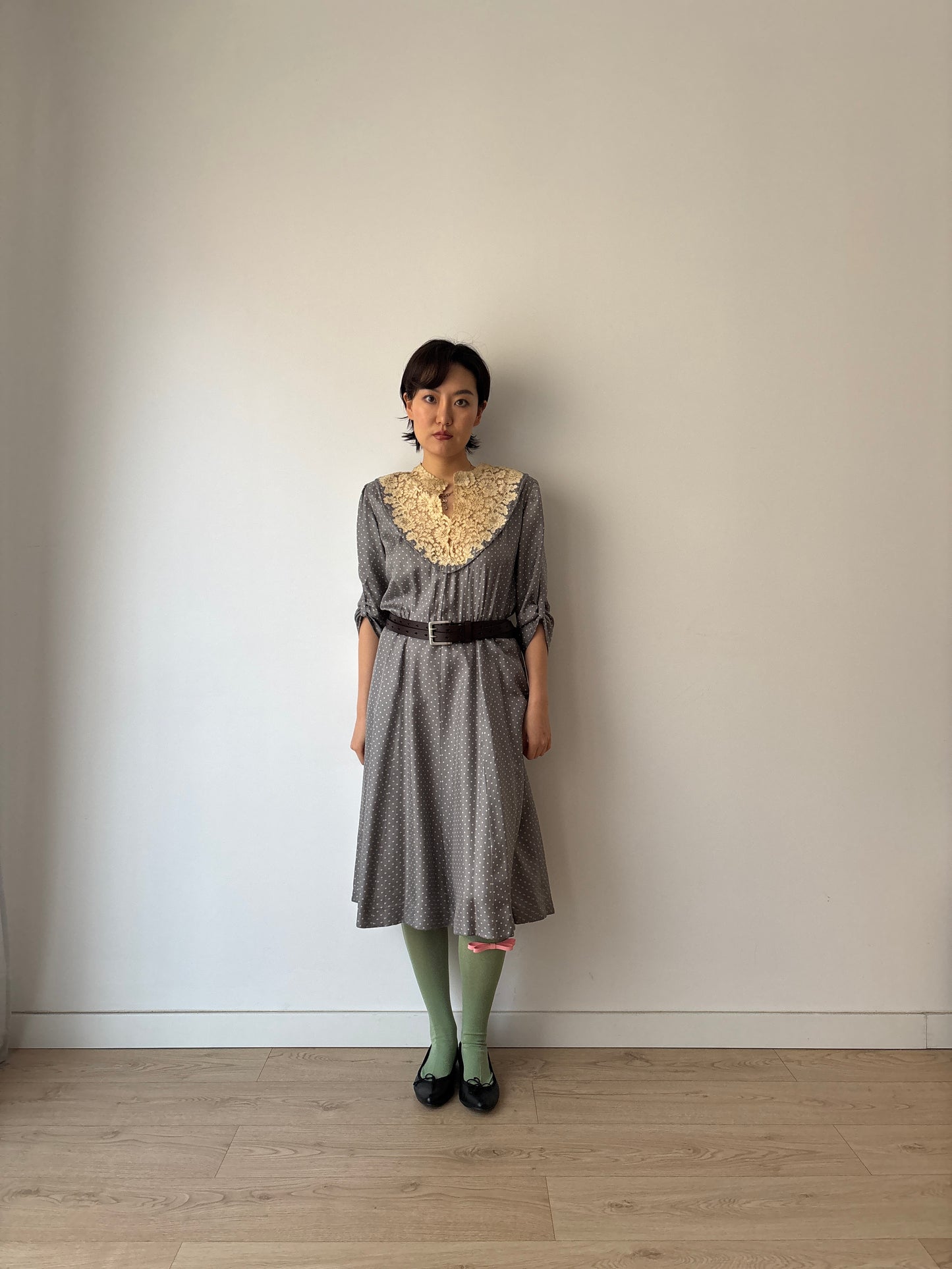 1930s Grey Silk Day Dress: Puff Sleeves with Dot Print
