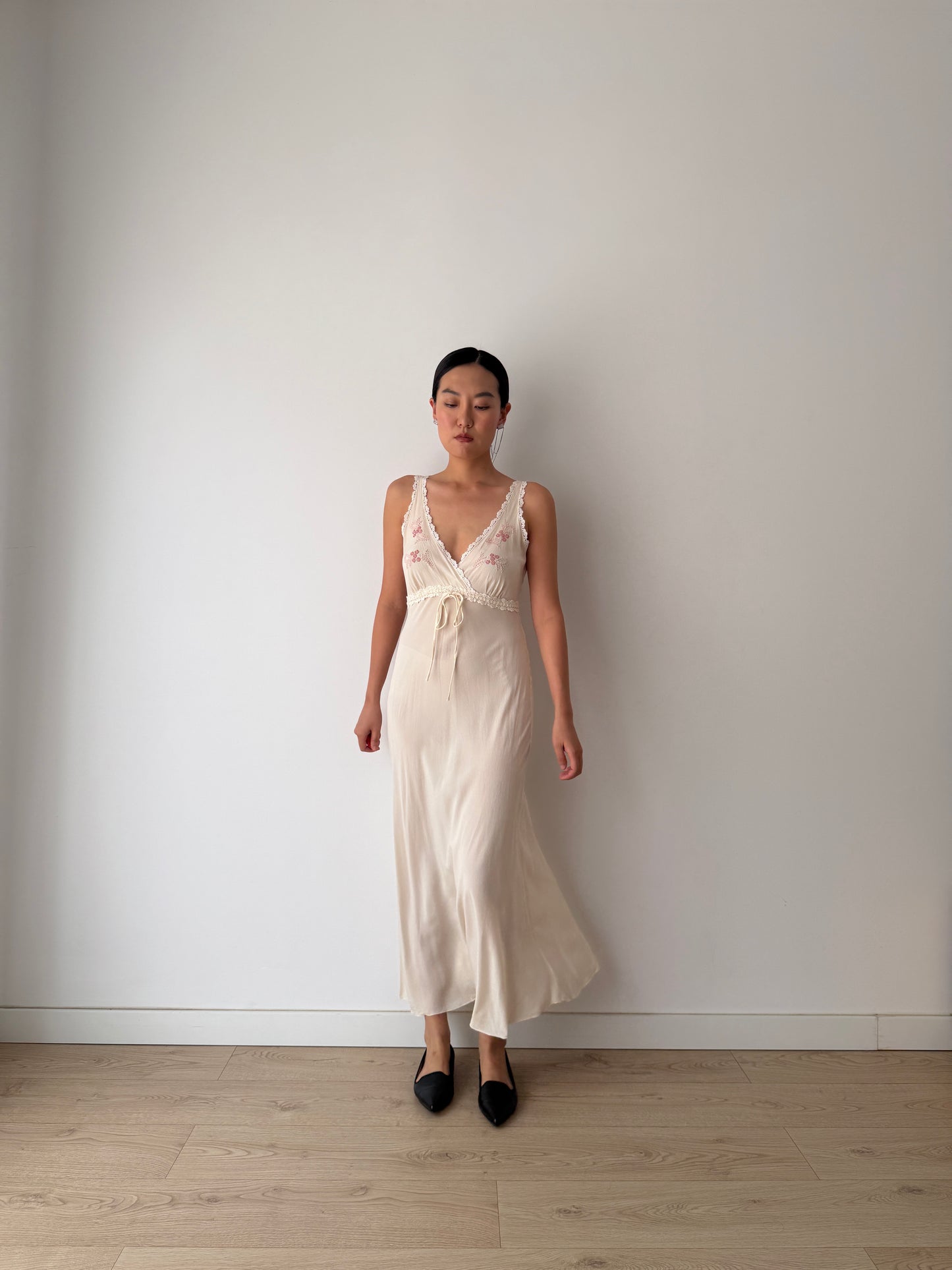 Vintage Bridal Pure Silk Romantic Floral Embroidered French Lace Nightgown, Event garden maxi Dress
