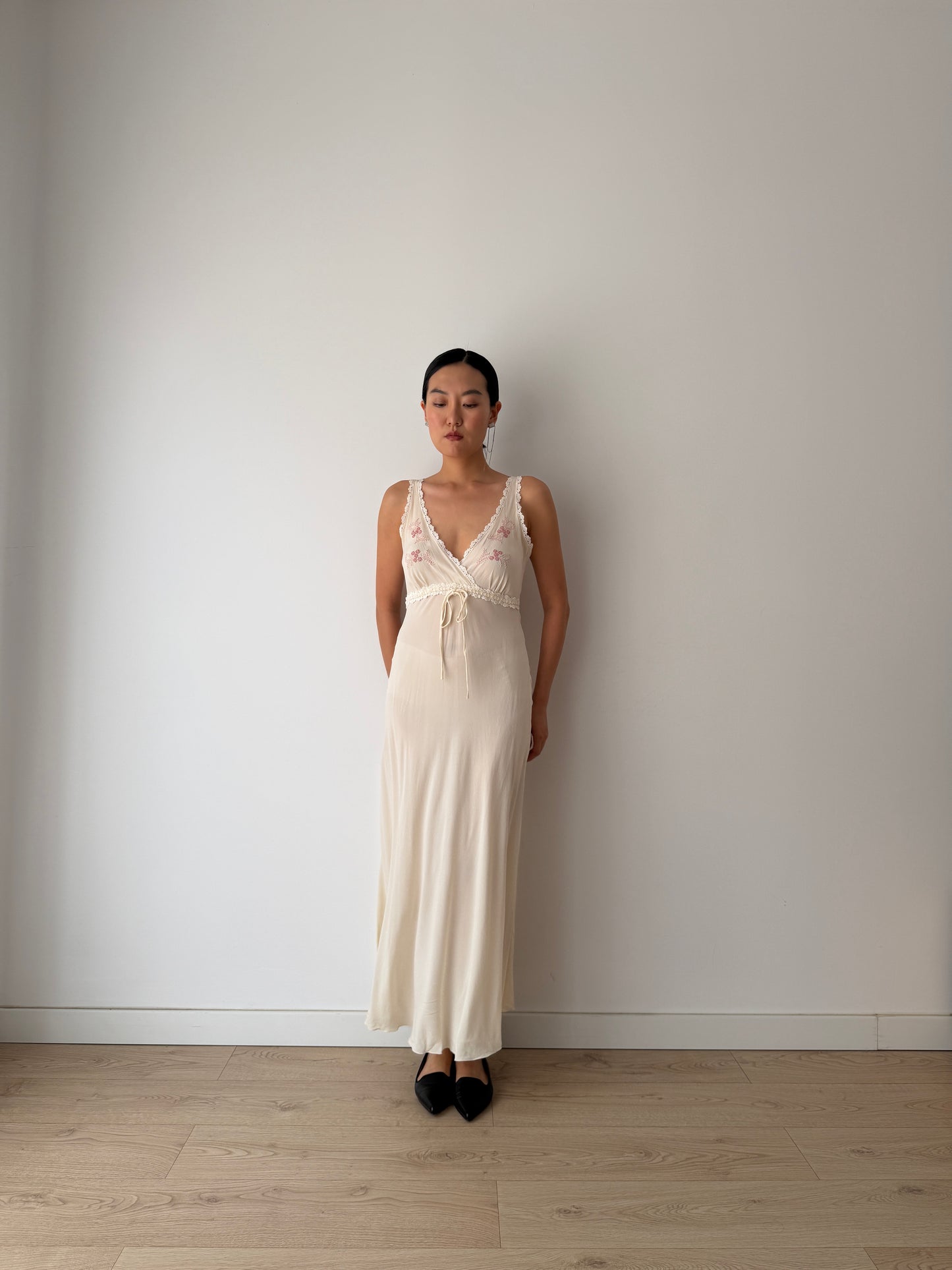 Vintage Bridal Pure Silk Romantic Floral Embroidered French Lace Nightgown, Event garden maxi Dress