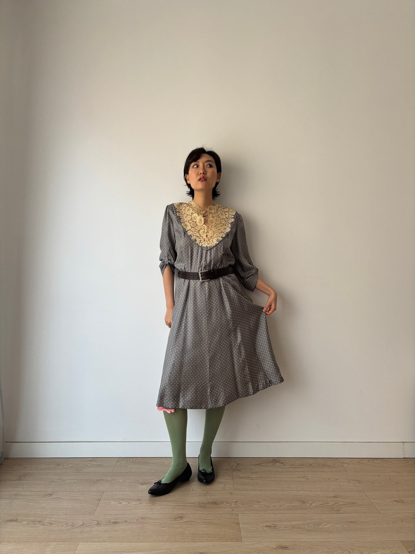 1930s Grey Silk Day Dress: Puff Sleeves with Dot Print