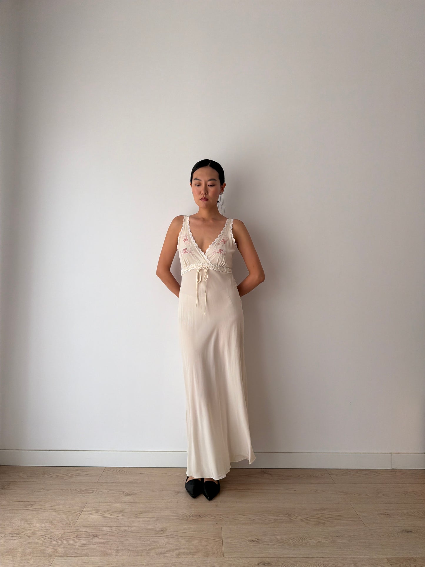Vintage Bridal Pure Silk Romantic Floral Embroidered French Lace Nightgown, Event garden maxi Dress