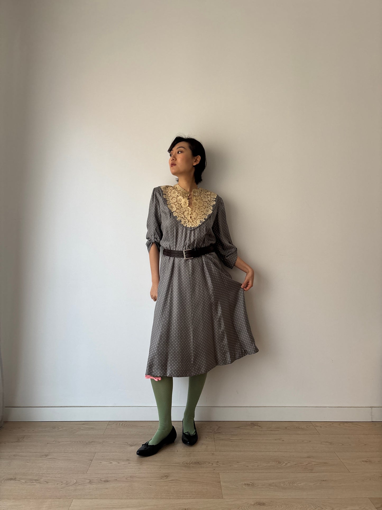 1930s Grey Silk Day Dress: Puff Sleeves with Dot Print