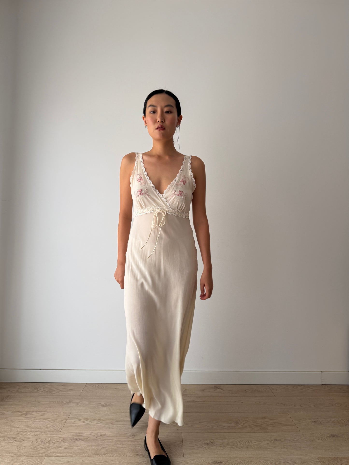 Vintage Bridal Pure Silk Romantic Floral Embroidered French Lace Nightgown, Event garden maxi Dress