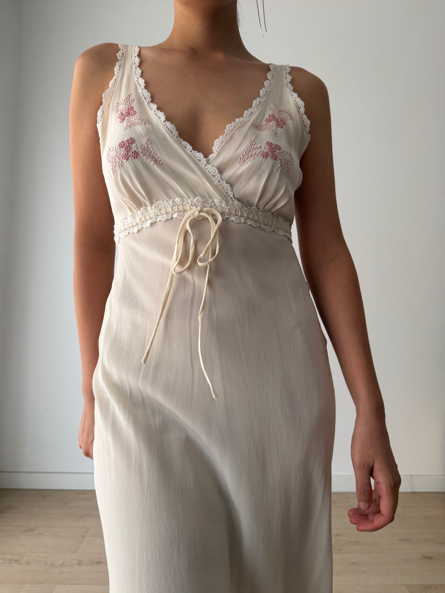 Vintage Bridal Pure Silk Romantic Floral Embroidered French Lace Nightgown, Event garden maxi Dress