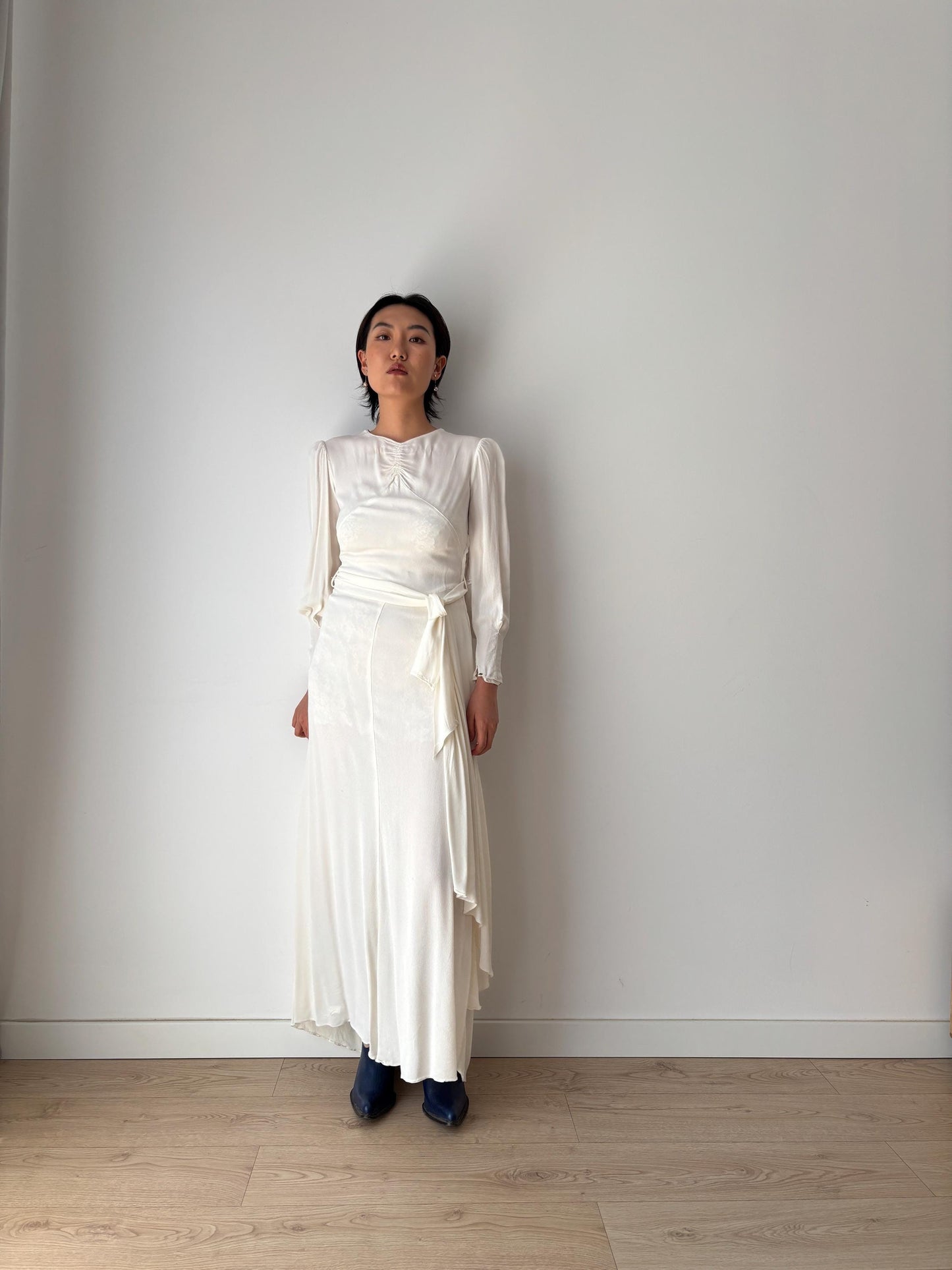 1930s Antique White 100% Silk Crepe Long Maxi Bridal dress, Vintage lace wedding dress