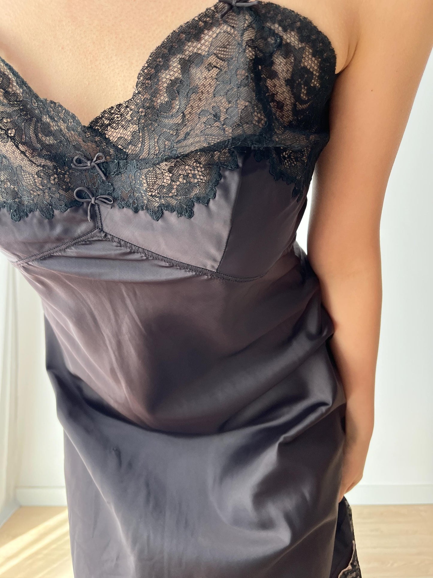 Antique vintage 1950s 1940s black liquid satin rayon lace art embroidered deco bias cut nightgown slip