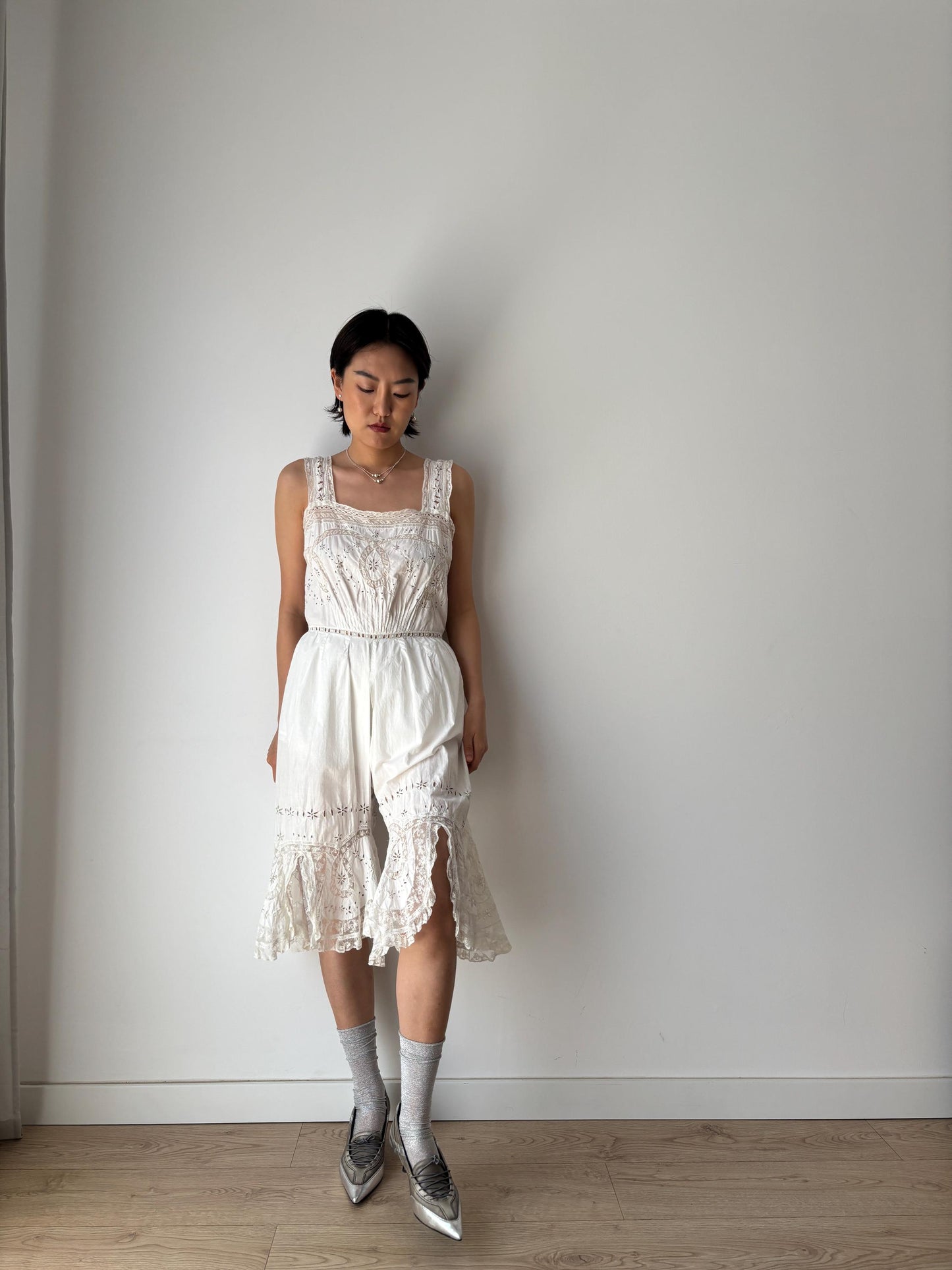 Antique 1910s Edwardian White Cotton  Floral Embroidered Lace Jumpsuit Romper, One Piece Cami Split Crotch Pantaloons with Broderie Anglaise