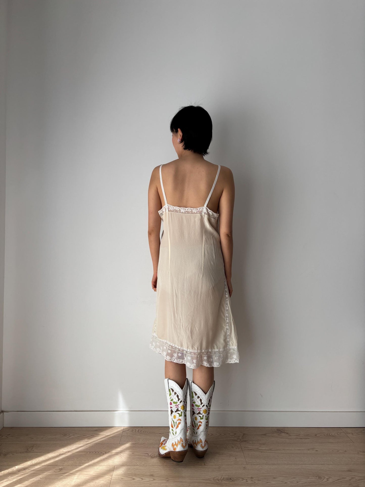 1920s 1930s Antique White Silk Edwardian Victorian Lace Slip dress