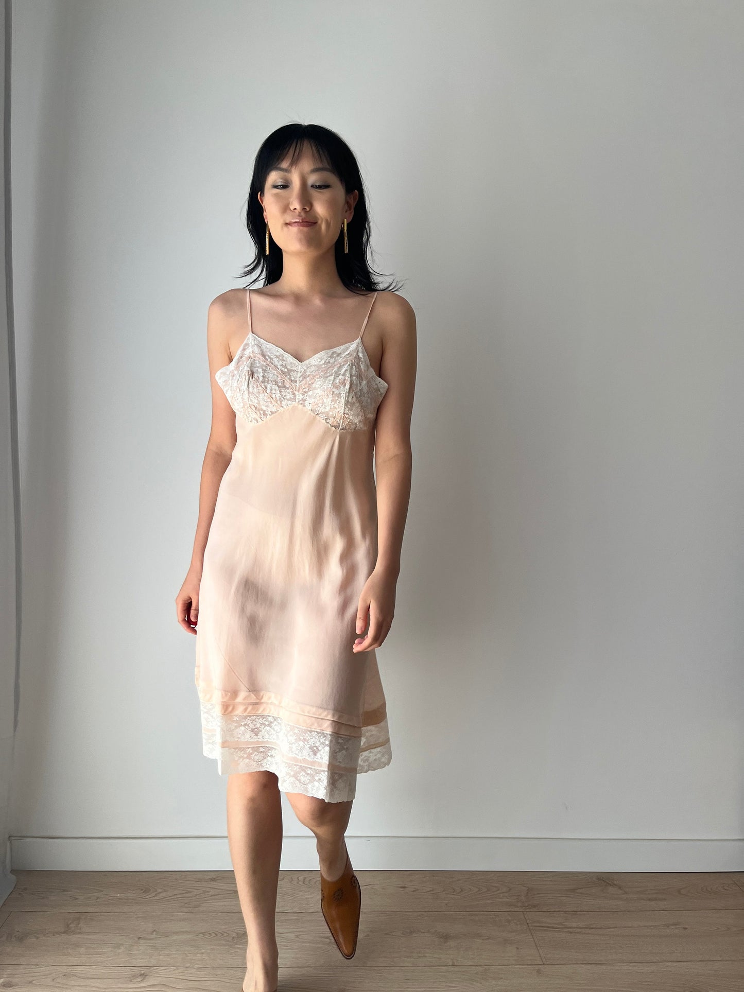 1930s Antique Pastel Pink Lace Liquid Crepe Silk Slip dress, Vintage lace mini dress