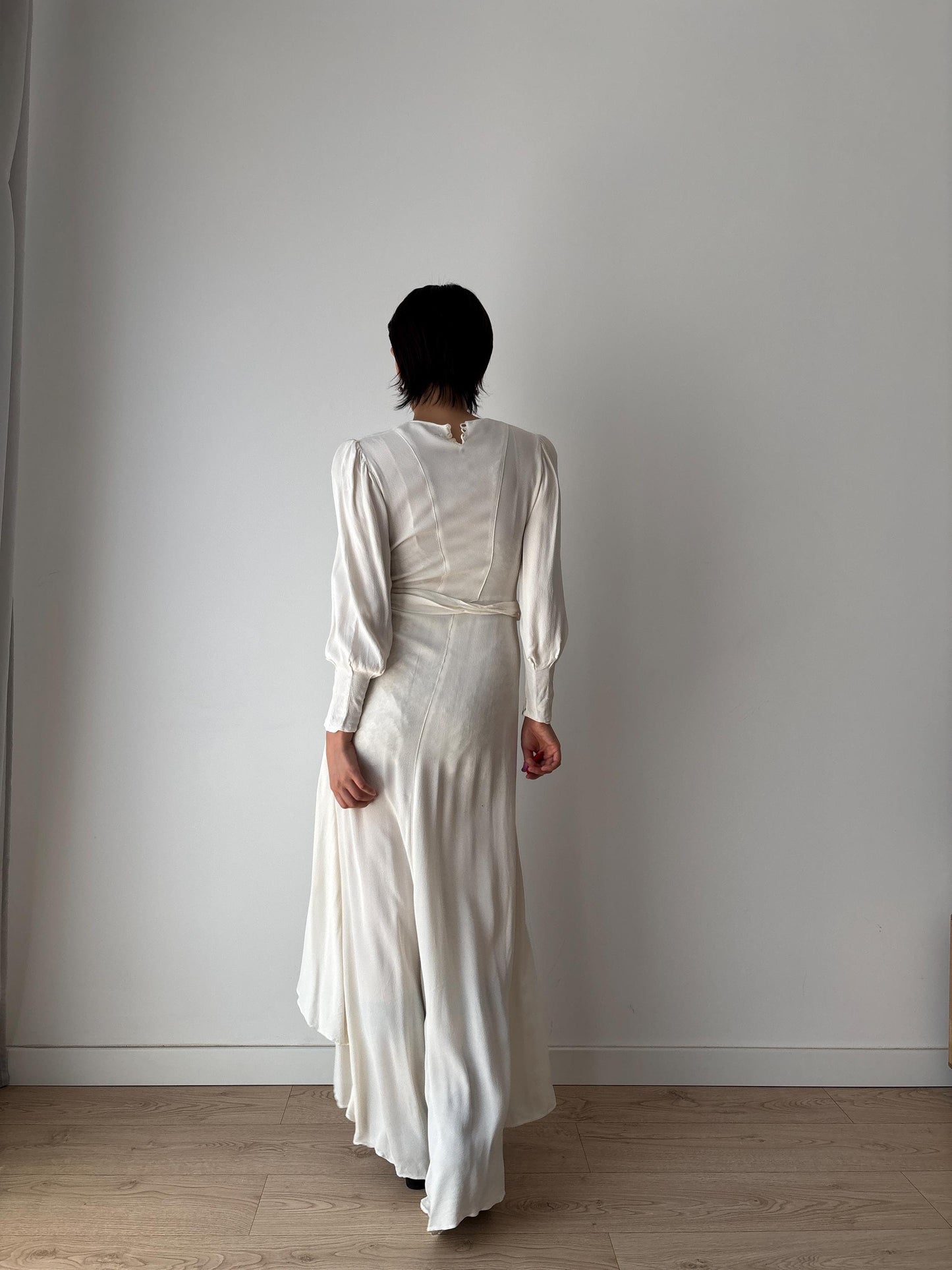 1930s Antique White 100% Silk Crepe Long Maxi Bridal dress, Vintage lace wedding dress