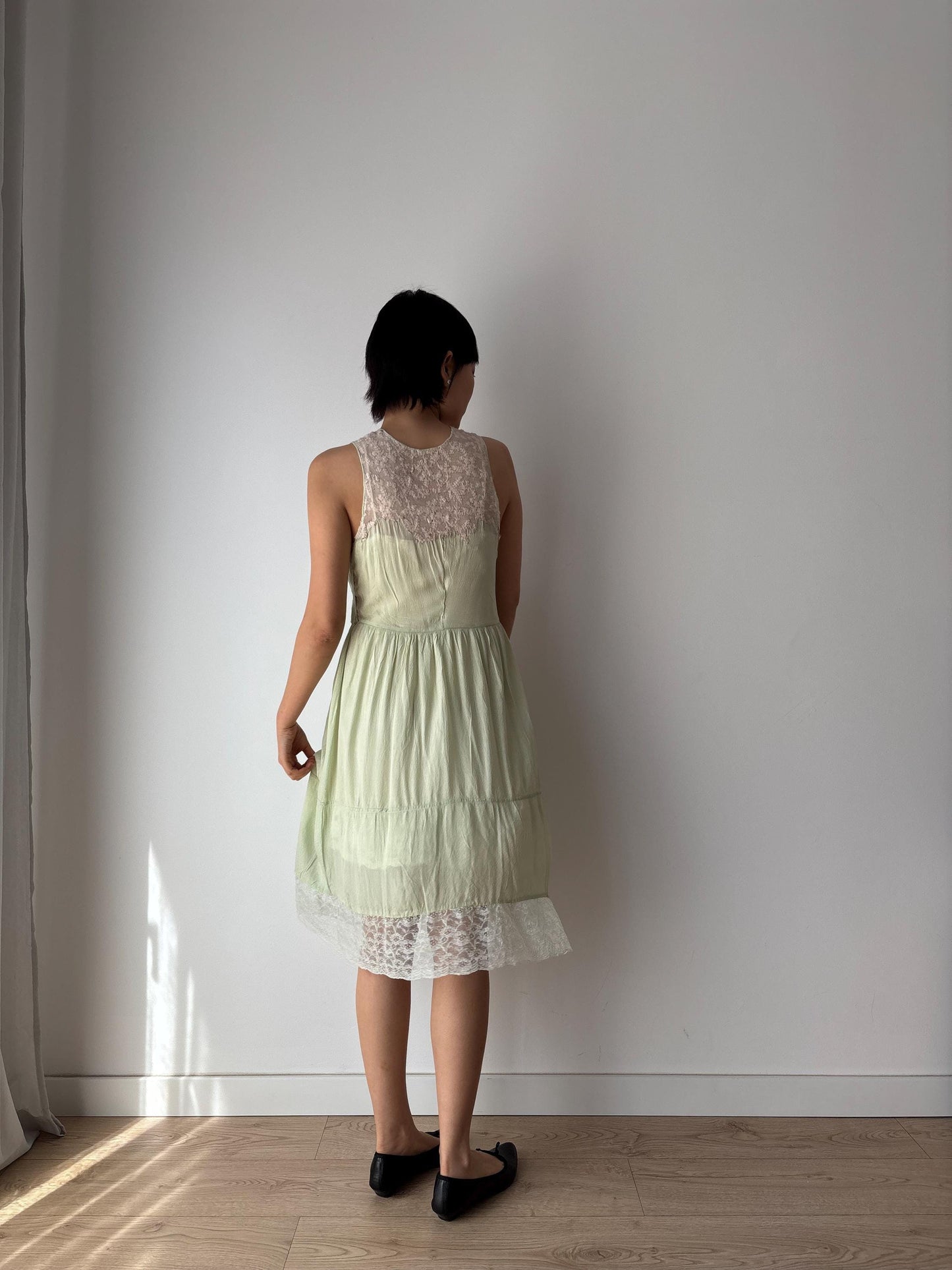 vintage 1940s 1930s mint green silk crepe heavy lace embroidered art deco dress, romantic parisian french dress