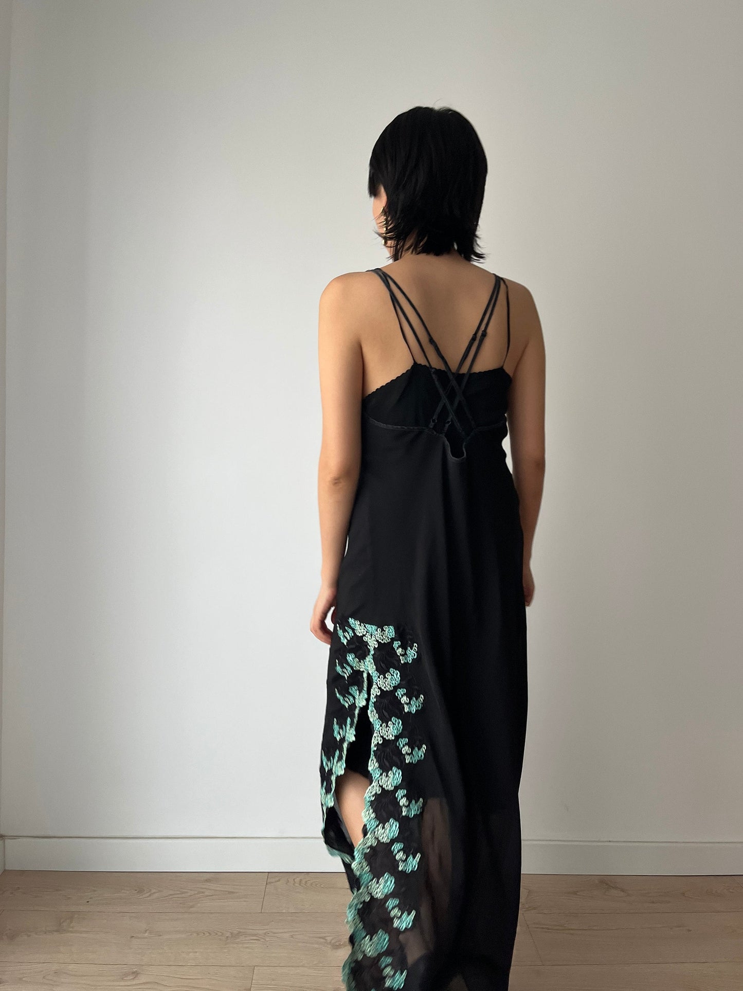 Vintage black pure silk chiffon lace cut out embroidered nightdress