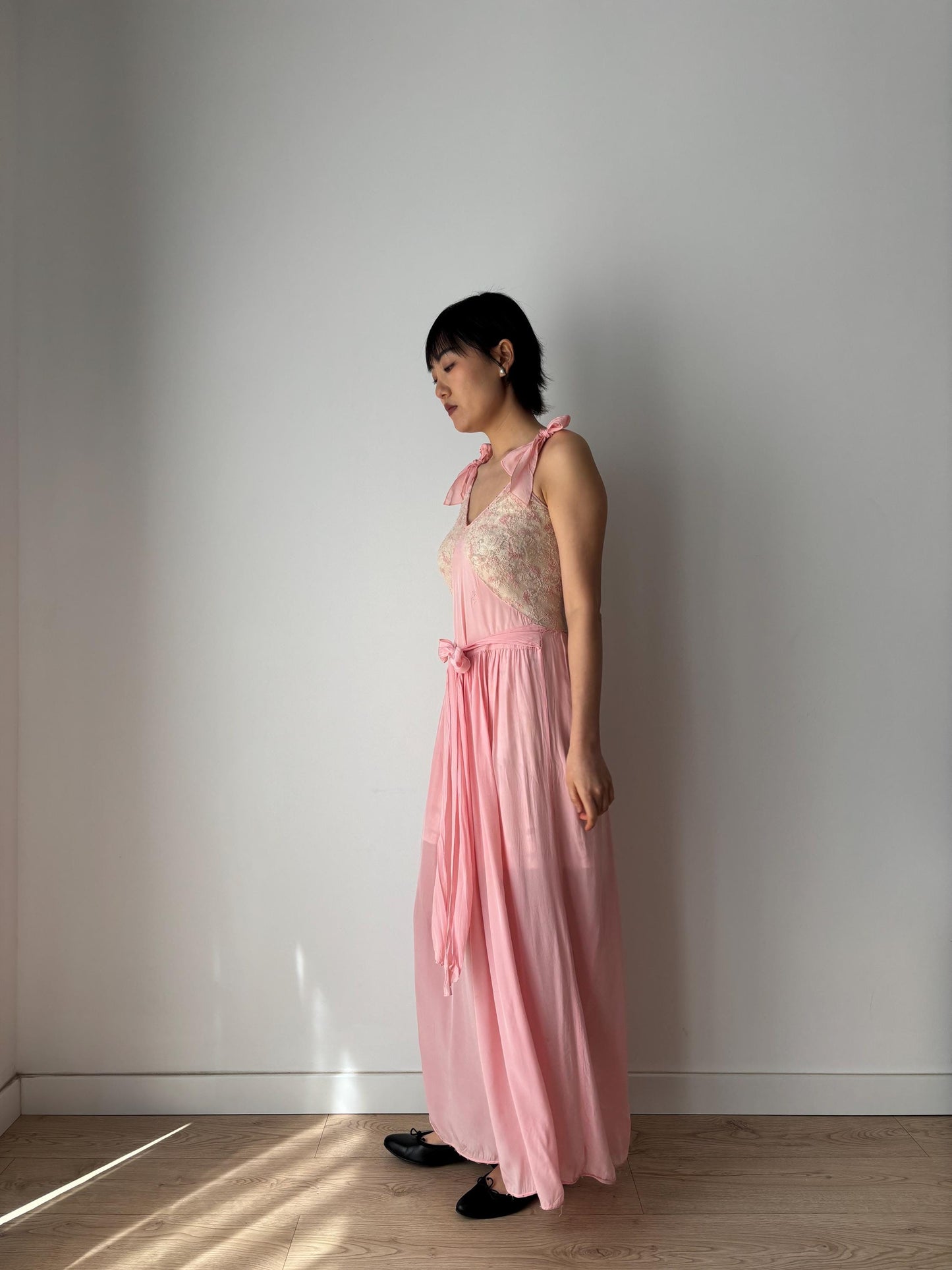 1930s Antique Pink Pure Silk Crepe Lace Nightgown with waist belt