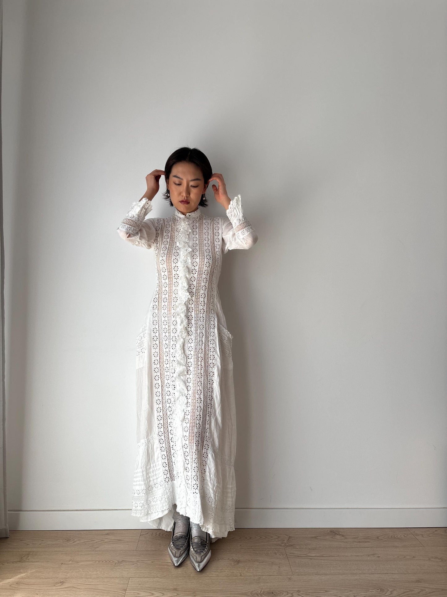 Antique 1900s White Cotton Edwardian Petticoat Renaissance Victorian Nightdress