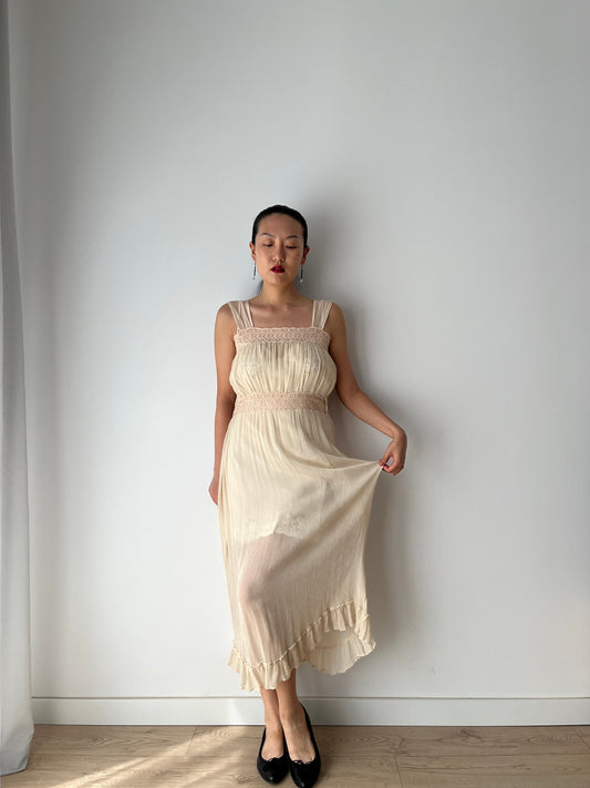 1920s Antique Bias Cut Beige Cream Pure Silk Embroidered Nightgown