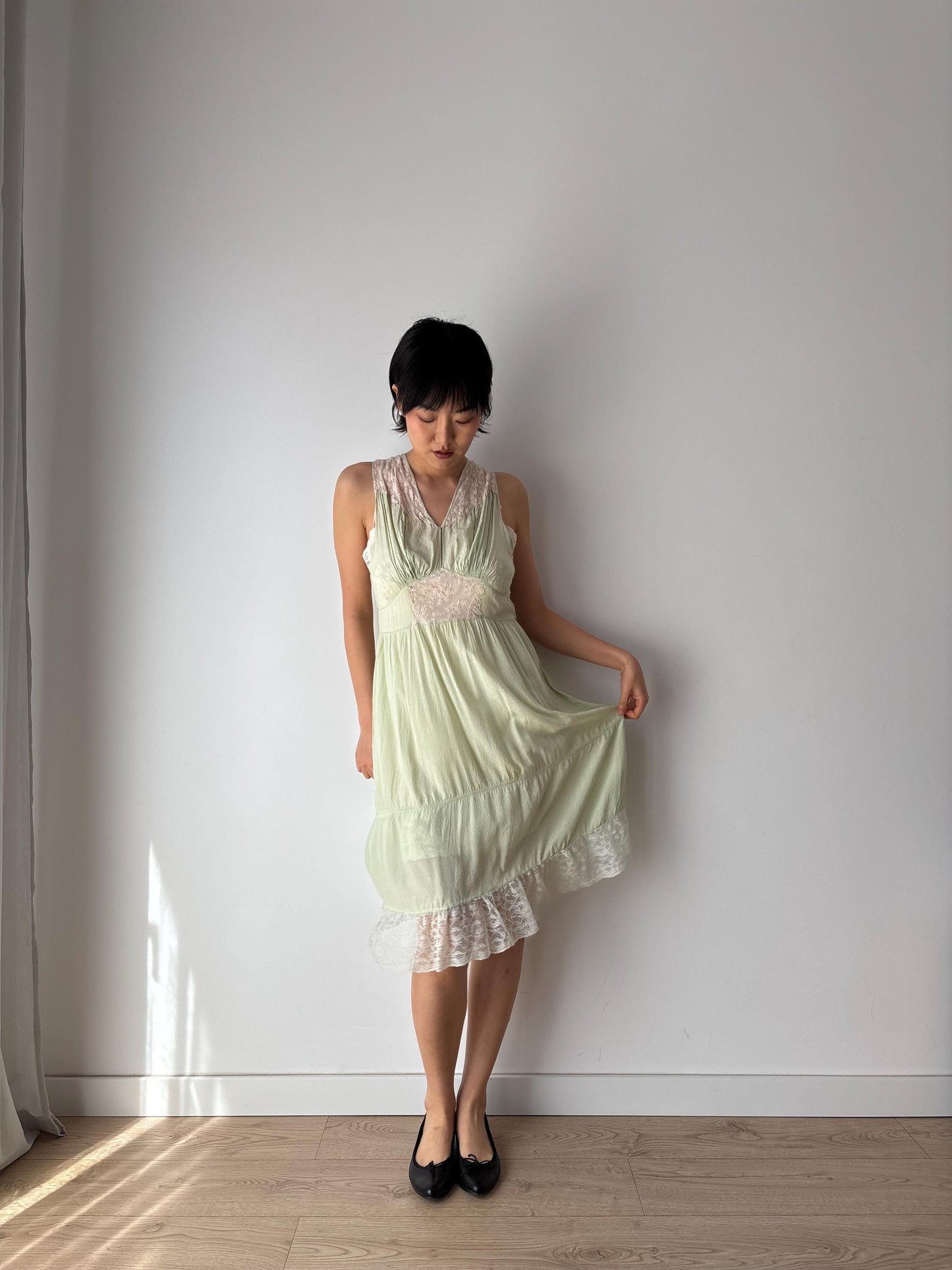 vintage 1940s 1930s mint green silk crepe heavy lace embroidered art deco dress, romantic parisian french dress