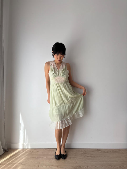 vintage 1940s 1930s mint green silk crepe heavy lace embroidered art deco dress, romantic parisian french dress