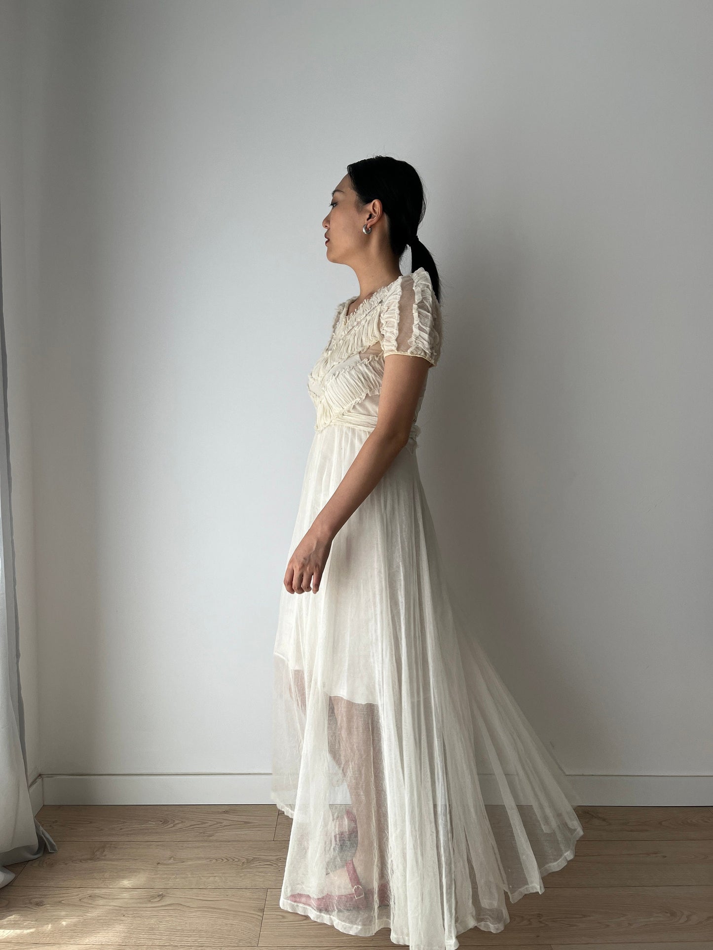 Vintage Antique 1920s Lace Sheer Wedding Dress, Translucent Sequined Bridal Dress