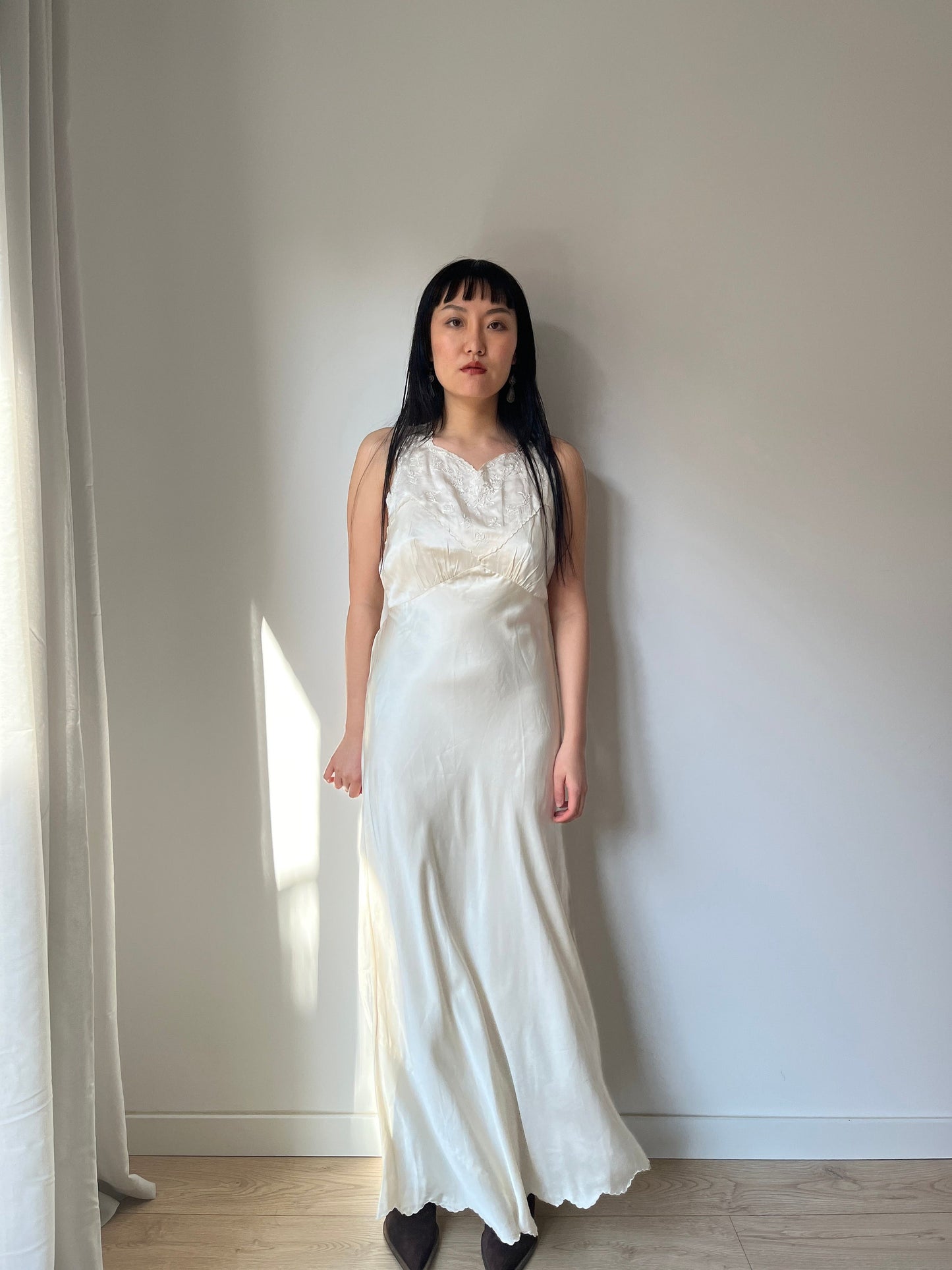 Antique Vintage liquid pure silk satin white embroidered slip long maxi camisole dress