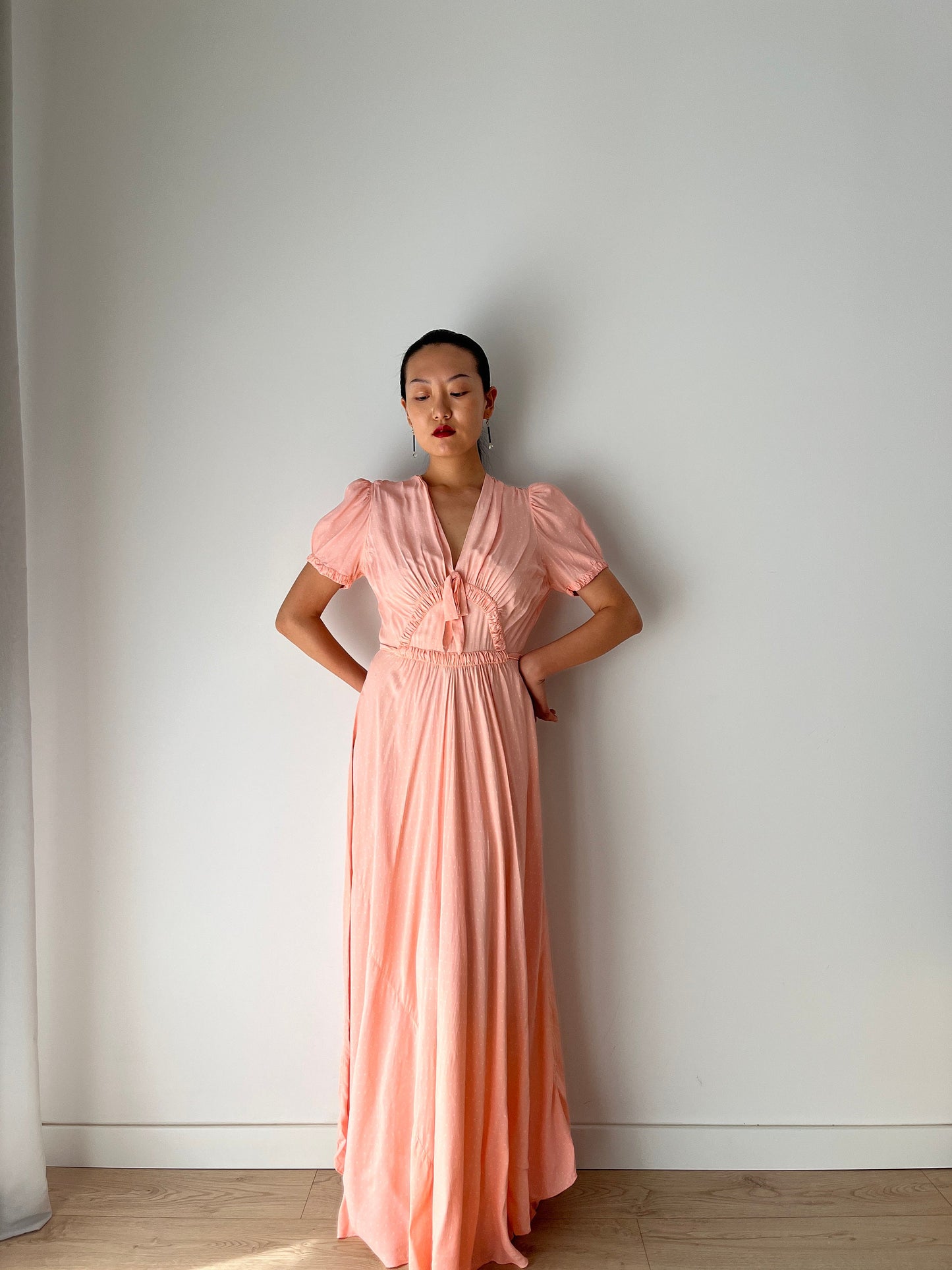 1940s Antique Bias Cut Pastel Pink Rayon Dots Print Bow Dress