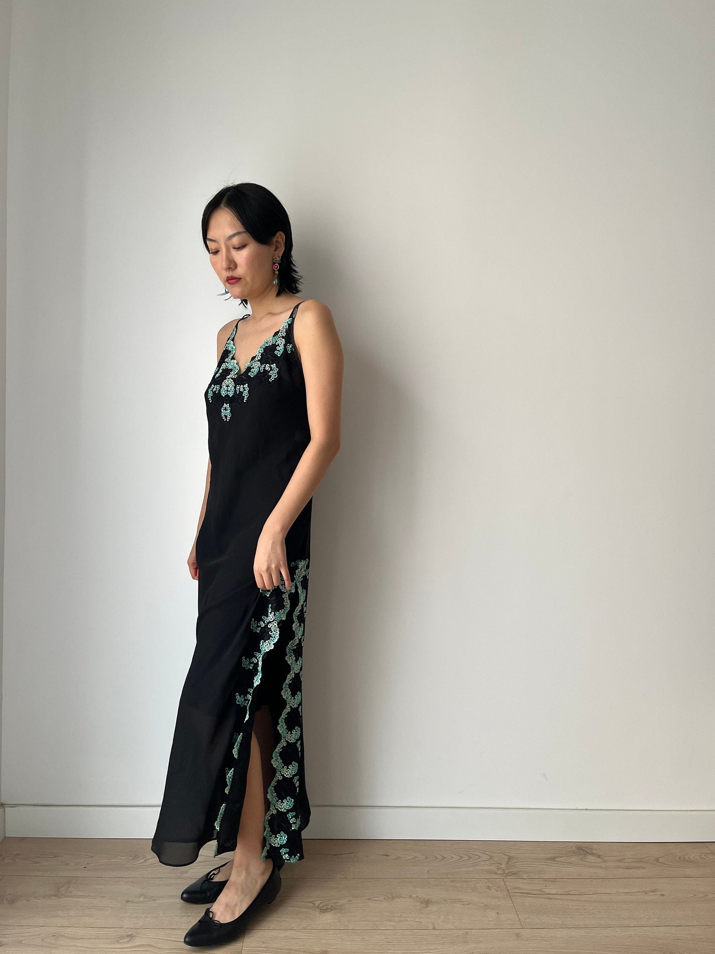 Vintage black pure silk chiffon lace cut out embroidered nightdress