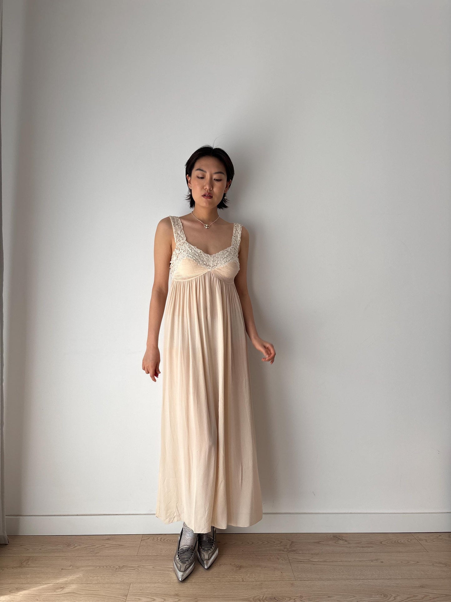 1930s Antique Pure Silk Crepe Embroidered Romantic Lace Bridal Dress