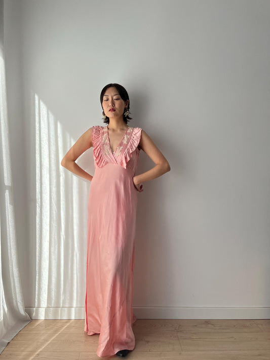1930s Peach Satin Bias Cut Pastel Pink Pure Silk Embroidered Evening Maxi Dress