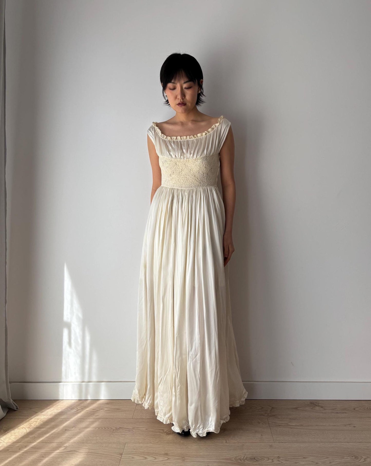 1930s Antique Satin Silk Heavy Lace Bridal Wedding Dress, Liquid Art deco Nightdress