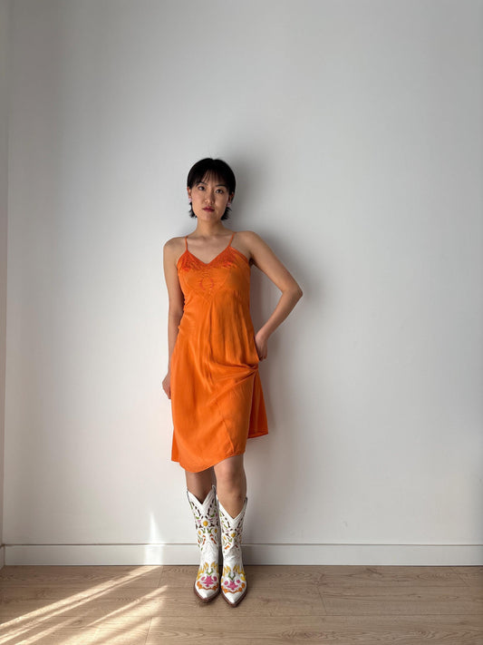 1920s 1930s 100% Silk Orange Bow Appliqué Embroidered Slip dress