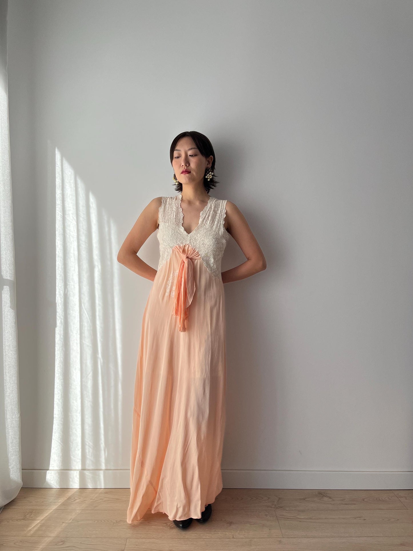 1930s Antique Peach Pure Silk Crepe Lace Nightgown Maxi Dress