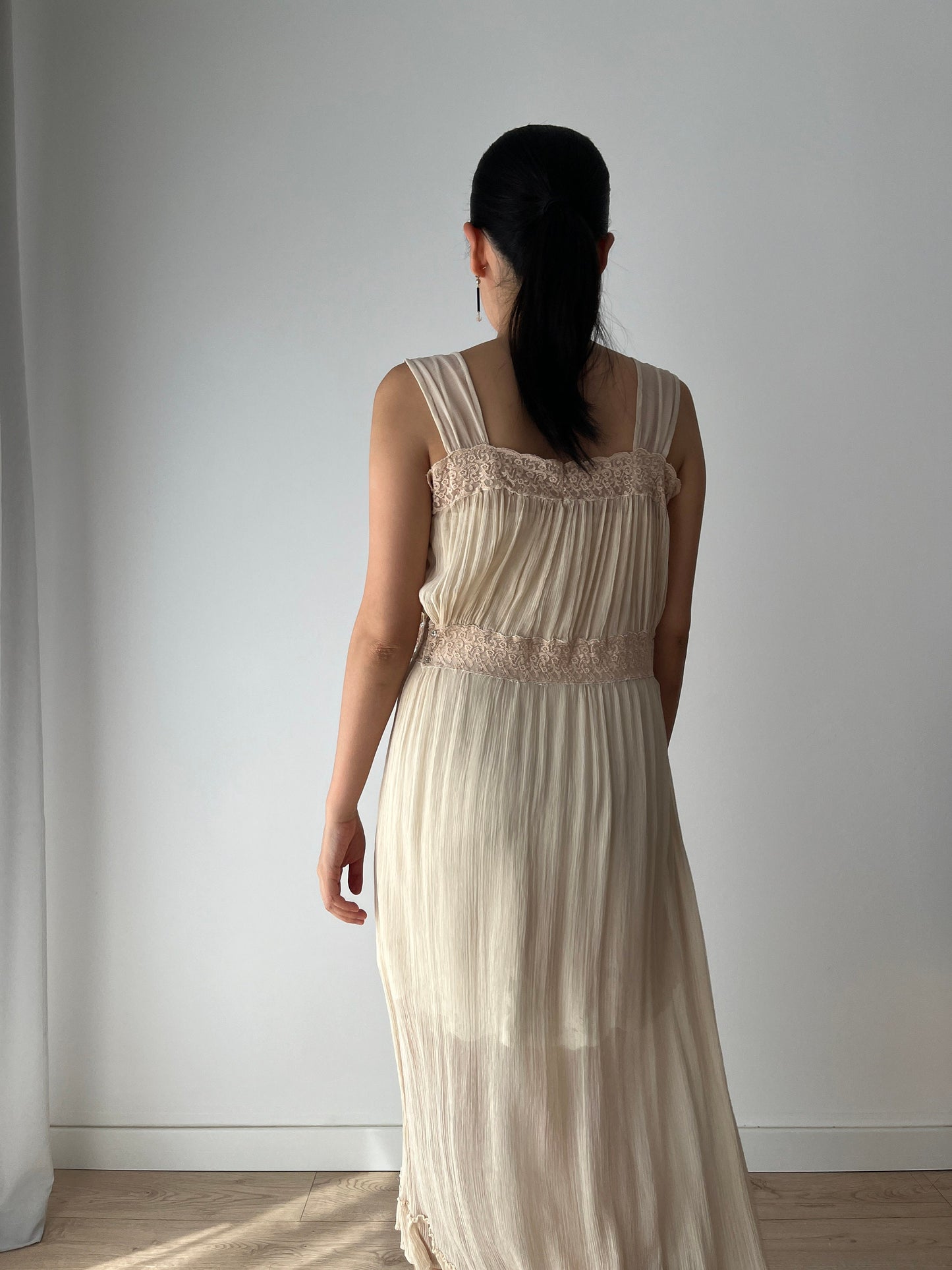 1920s Antique Bias Cut Beige Cream Pure Silk Embroidered Nightgown