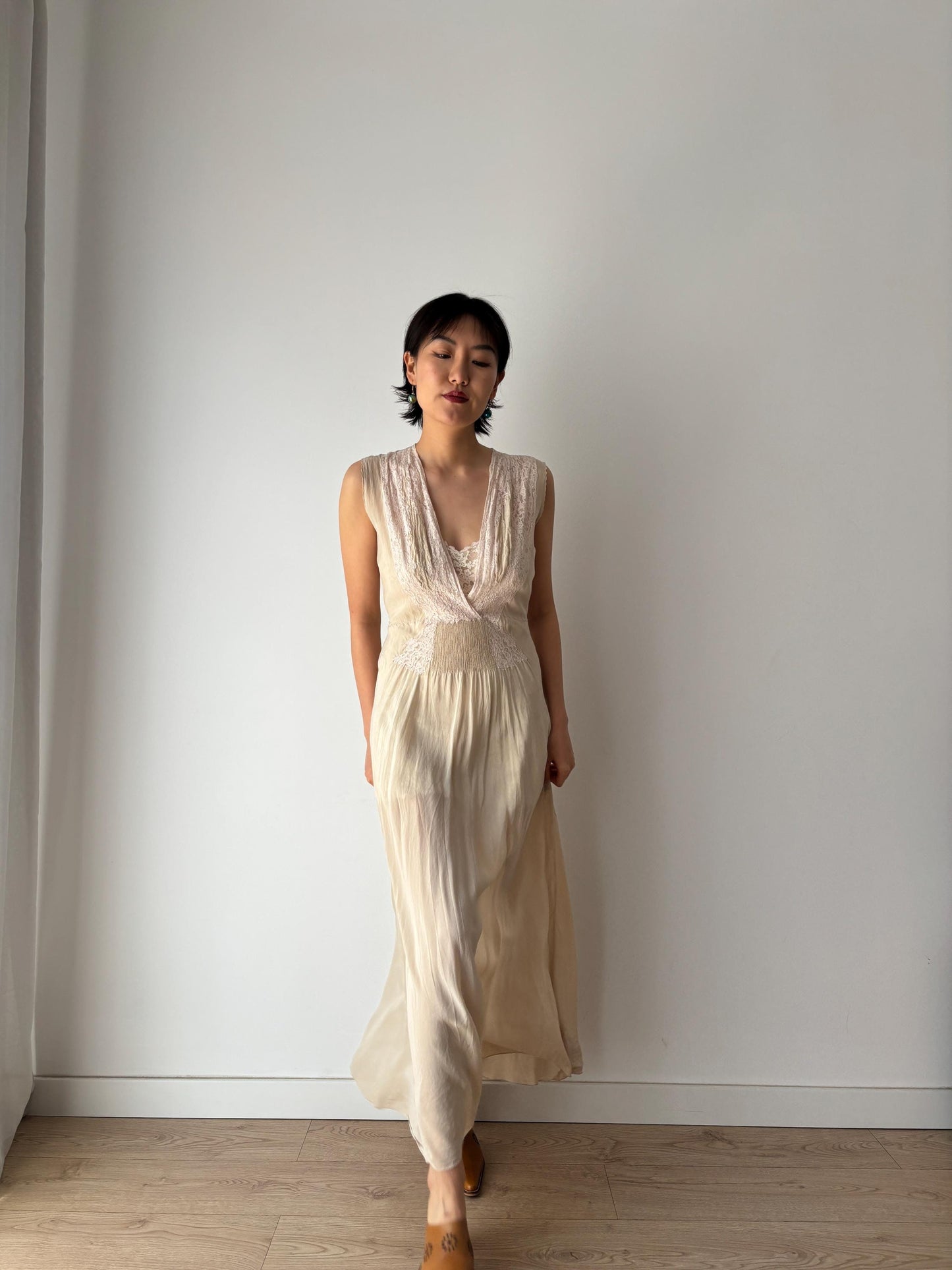 1930s Antique Bridal Lace Bias Cut Negligee Silk Satin Embroidered Nightgown