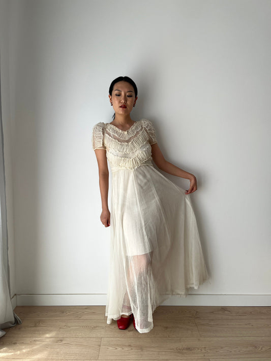 Vintage Antique 1920s Lace Sheer Wedding Dress, Translucent Sequined Bridal Dress