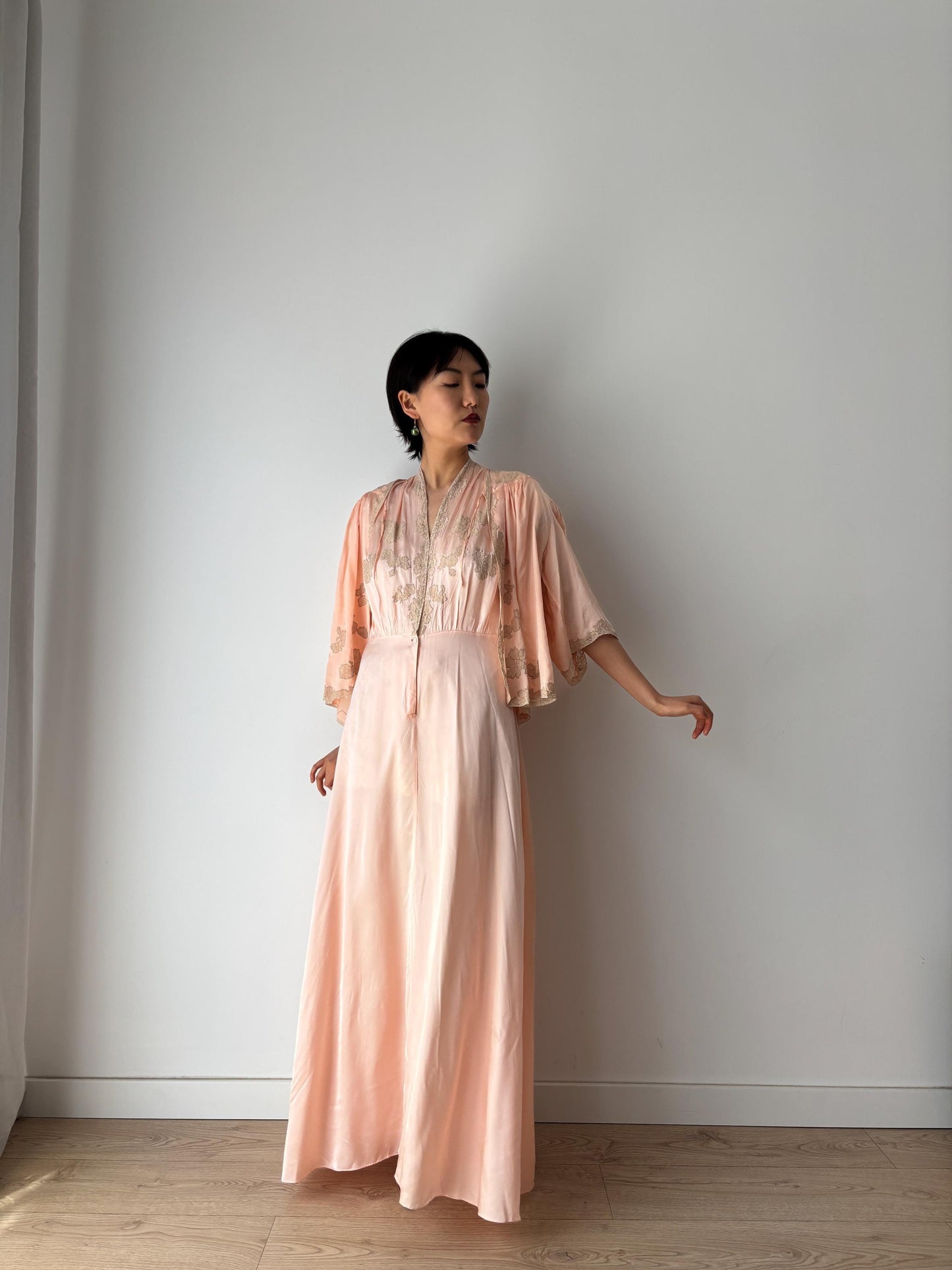 1940s 50s Pale Pink Pure Silk Nightgown 2 Piece Set / Bed Jacket Slip Dress Lingerie Set