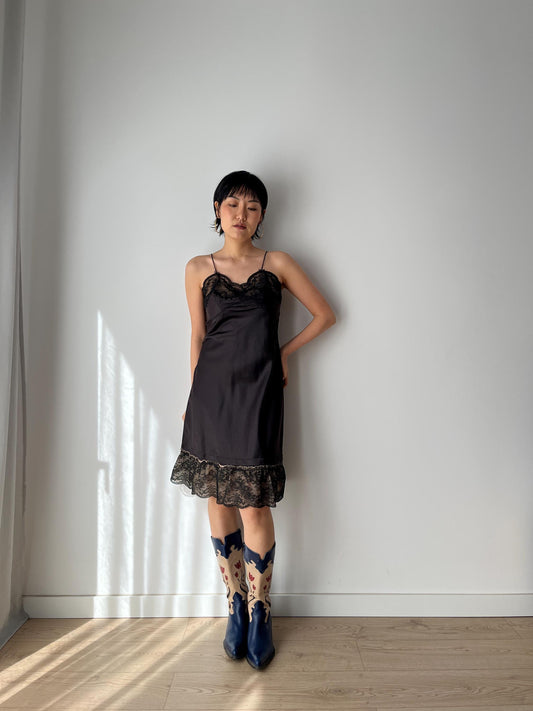 Antique vintage 1950s 1940s black liquid satin rayon lace art embroidered deco bias cut nightgown slip