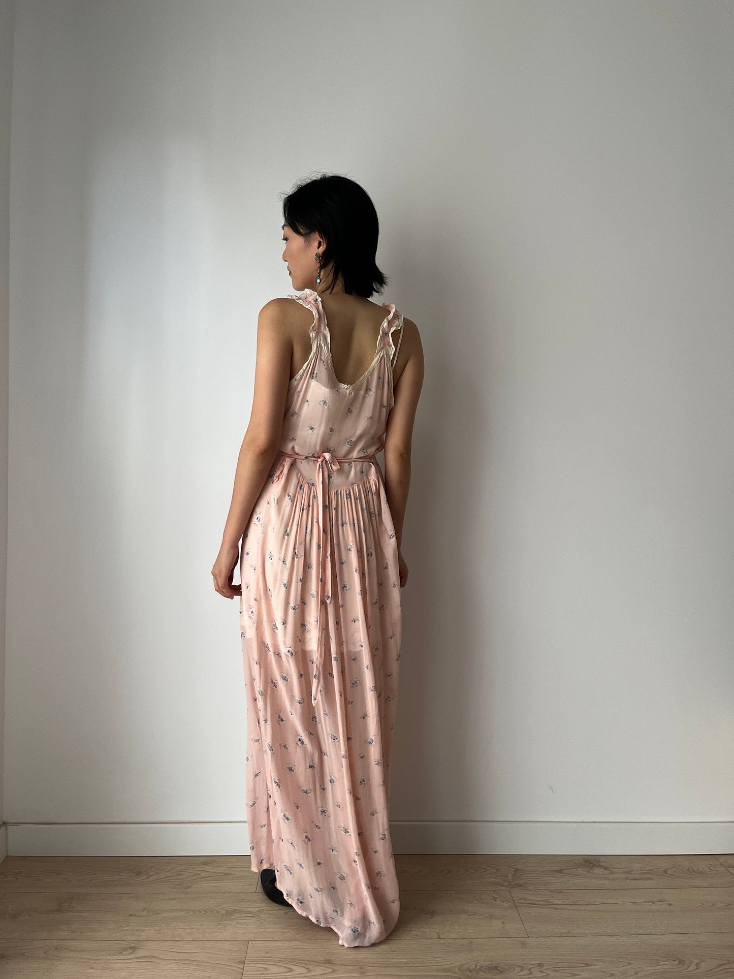 vintage 1930s pink floral print crepe silk lace ribbon art deco dress, romantic parisian nightgown