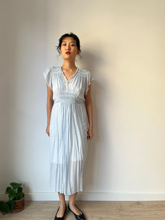 Antique 1930s bias cut liquid pure silk floral nightdress, Embroidered art deco babe blue maxi dress